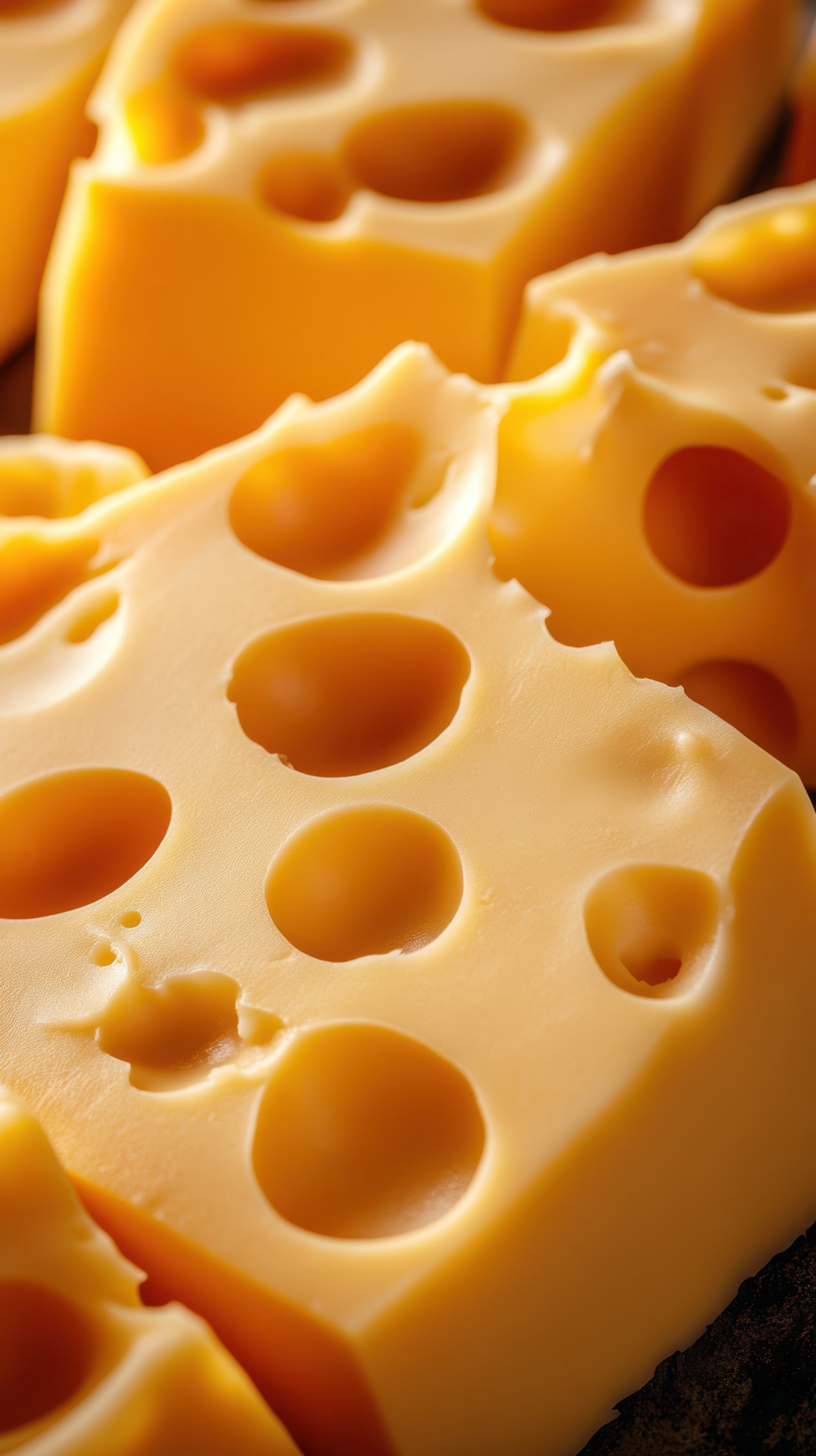 Cheddar cheese blocks displaying characteristic holes and rich color captured in a close-up shot